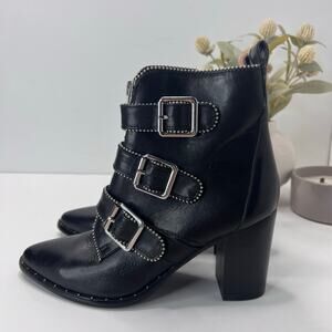 Steve Madden Hattie Leather Chunky Heel Boots Black Women's 8.5M Moto Studded